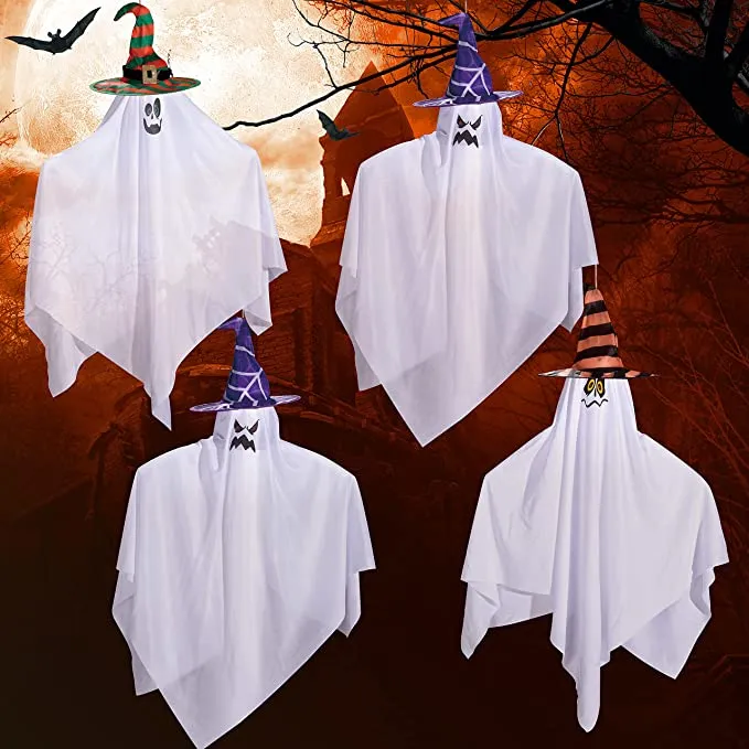 Joyin 4Pcs Hanging Ghost with Hat with Color Face 27.5in - Halloween Decorations