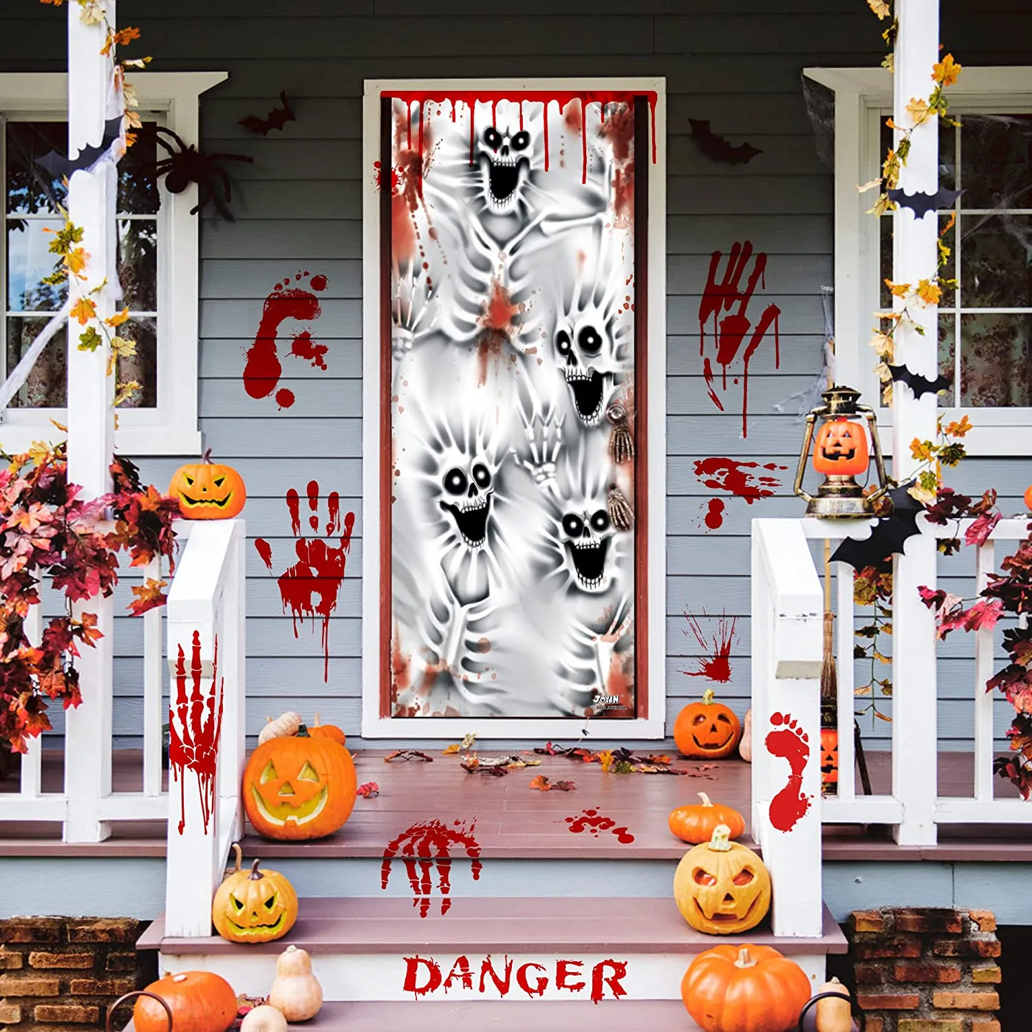 Joyin 2Pcs Skeleton Door Cover+Bloody Window Stickers - Halloween Decorations