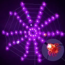 Joiedomi Spider Web Lights with 3 Lighted Spiders (Purple) - Halloween Decorations