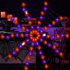 Joiedomi Spider Web Lights with 3 Lighted Spiders (Orange & Purple) - Halloween Decorations -Spooky Home Decor 30759 6