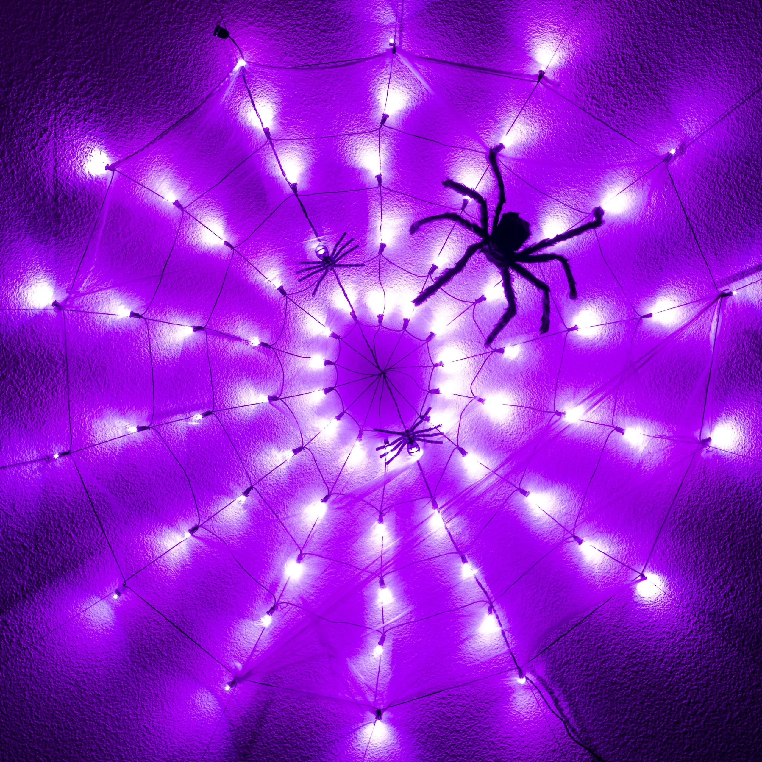 Joiedomi Light-up Purple Spider Web with 3 Spiders 59in - Halloween Decorations