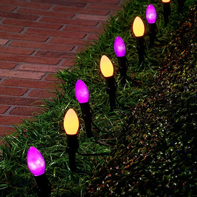 Joiedomi 10Pcs C9 Incandescent Green Wire Pathway Lights (Orange & Purple) - Halloween Decorations