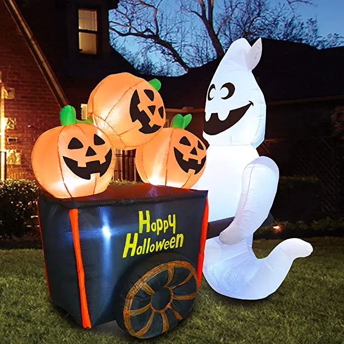 Joiedomi 6ft Inflatable LED Ghost Pushing Pumpkin Cart - Halloween Decorations