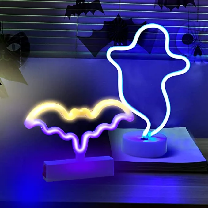 Joyin 2Pcs LED Ghost & Bat Neon Table Lamp Set - Halloween Decorations
