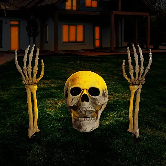 Joyin 3Pcs Lighted Skull and Skeleton Arms Stakes (Warm Light) - Halloween Decorations