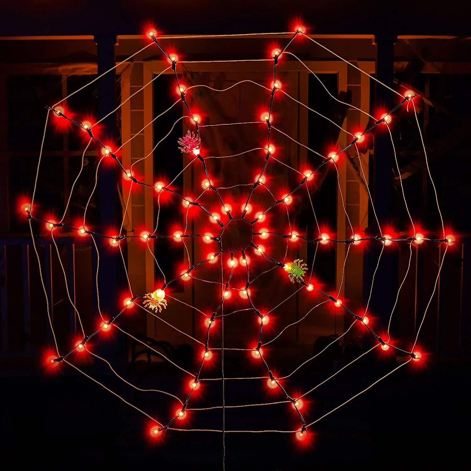 Joiedomi Spider Web Lights with 3 Lighted Spiders (Orange) - Halloween Decorations